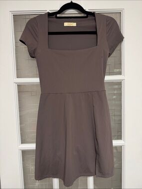 Qinsen Taupe Square-Neck Short Sleeve Mini Dress